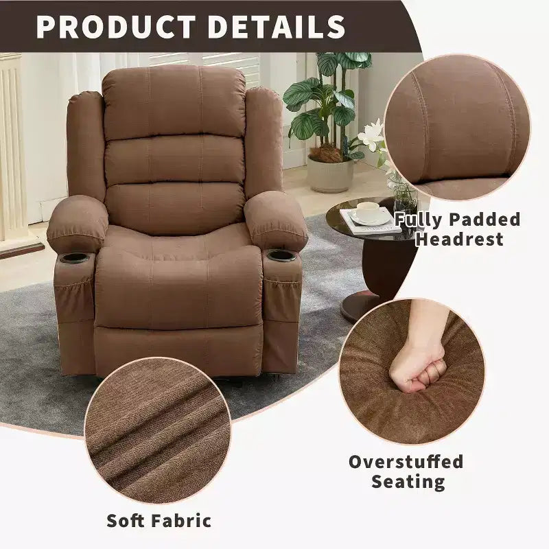 Large Recliner Chair 3 Reclining Positions up to 145 with 2 Cup Holder 2 Side and 2 Front Pockets for Living Room, Bedroom, Home Theater