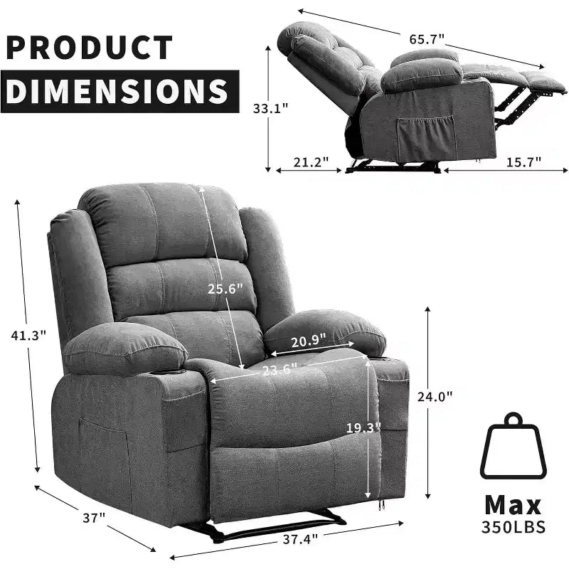 Large Recliner Chair 3 Reclining Positions up to 145 with 2 Cup Holder 2 Side and 2 Front Pockets for Living Room, Bedroom, Home Theater