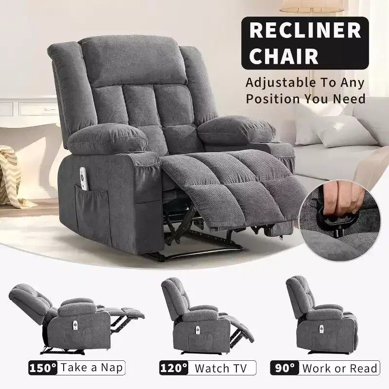Large Recliner Chair 3 Reclining Positions up to 145 with 2 Cup Holder 2 Side and 2 Front Pockets for Living Room, Bedroom, Home Theater