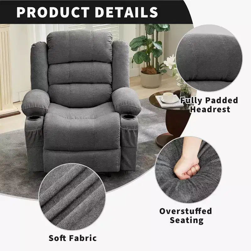 Large Recliner Chair 3 Reclining Positions up to 145 with 2 Cup Holder 2 Side and 2 Front Pockets for Living Room, Bedroom, Home Theater