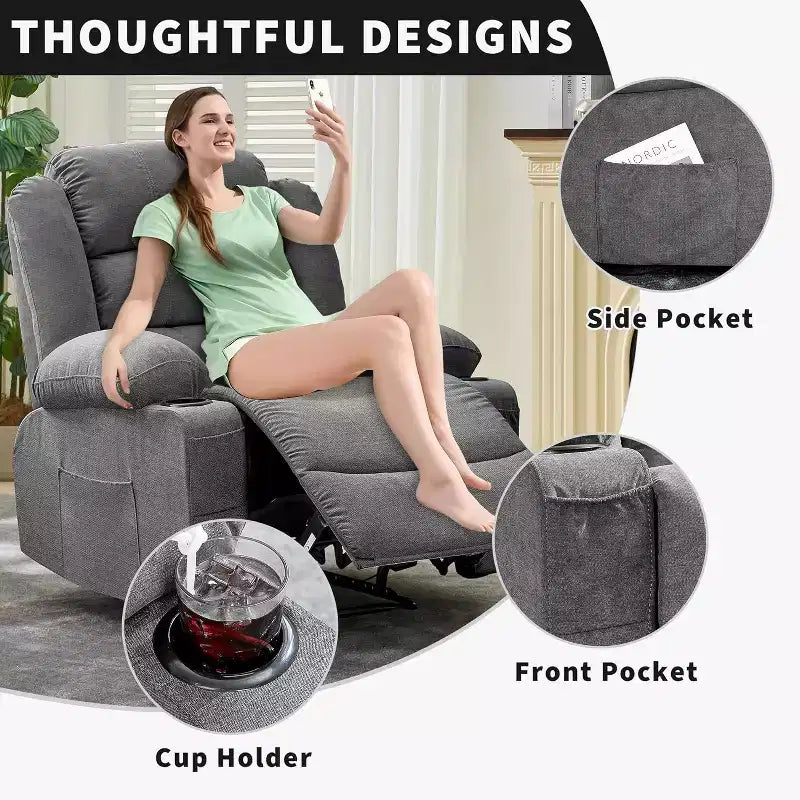 Large Recliner Chair 3 Reclining Positions up to 145 with 2 Cup Holder 2 Side and 2 Front Pockets for Living Room, Bedroom, Home Theater