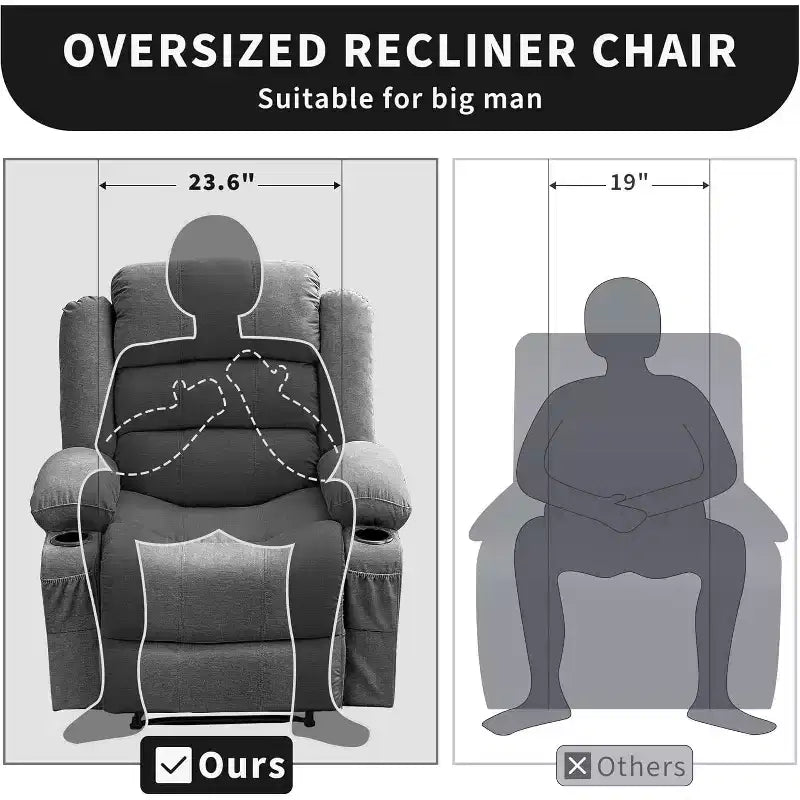 Large Recliner Chair 3 Reclining Positions up to 145 with 2 Cup Holder 2 Side and 2 Front Pockets for Living Room, Bedroom, Home Theater