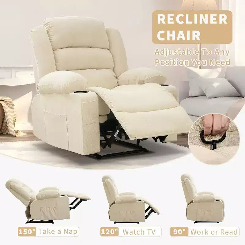 Large Recliner Chair 3 Reclining Positions up to 145 with 2 Cup Holder 2 Side and 2 Front Pockets for Living Room, Bedroom, Home Theater
