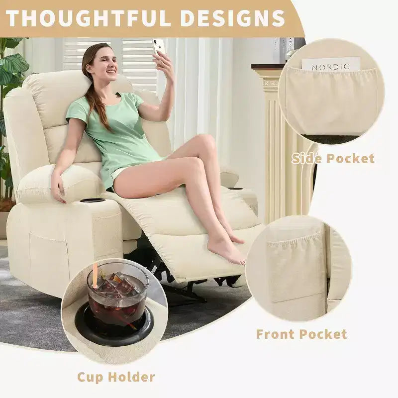 Large Recliner Chair 3 Reclining Positions up to 145 with 2 Cup Holder 2 Side and 2 Front Pockets for Living Room, Bedroom, Home Theater