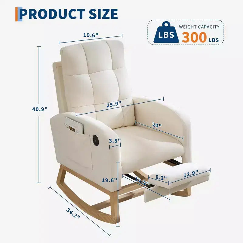 Modern Nursery Rocking Chair with USB Port, Footrest & Side Pocket - High Back Rocker Recliner Glider for Living Room, Bedroom & Nursing Room