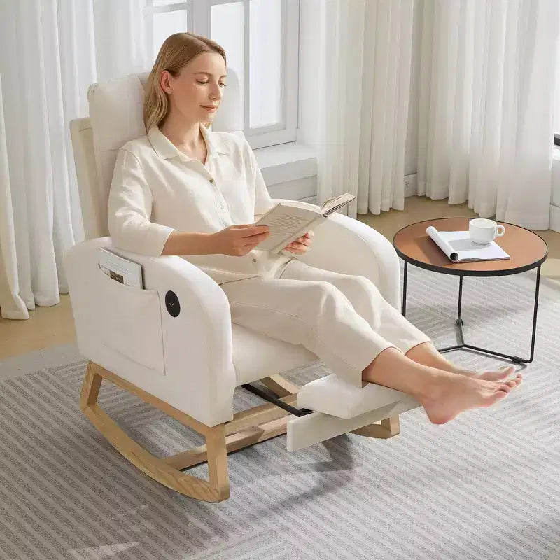 Modern Nursery Rocking Chair with USB Port, Footrest & Side Pocket - High Back Rocker Recliner Glider for Living Room, Bedroom & Nursing Room