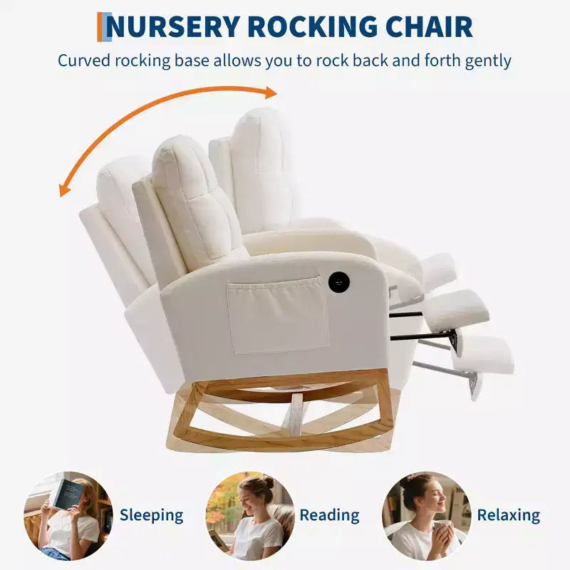 Modern Nursery Rocking Chair with USB Port, Footrest & Side Pocket - High Back Rocker Recliner Glider for Living Room, Bedroom & Nursing Room