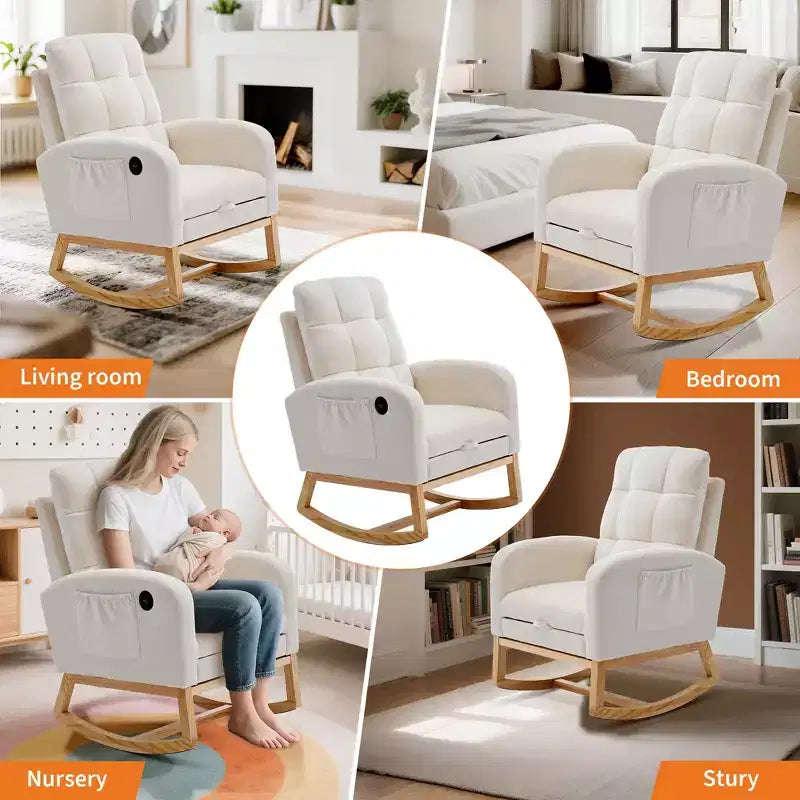 Modern Nursery Rocking Chair with USB Port, Footrest & Side Pocket - High Back Rocker Recliner Glider for Living Room, Bedroom & Nursing Room