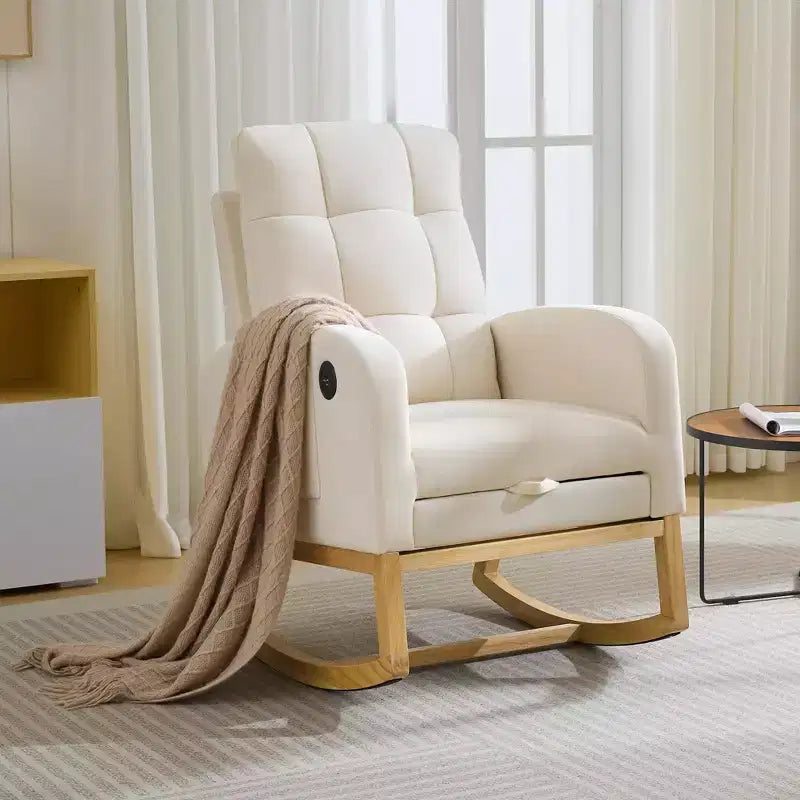 Modern Nursery Rocking Chair with USB Port, Footrest & Side Pocket - High Back Rocker Recliner Glider for Living Room, Bedroom & Nursing Room