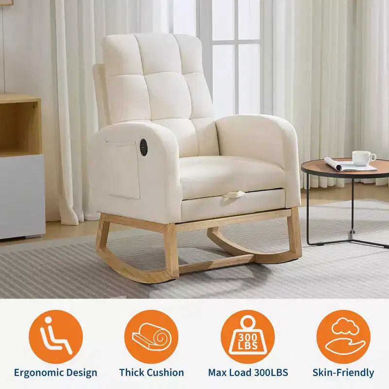 Modern Nursery Rocking Chair with USB Port, Footrest & Side Pocket - High Back Rocker Recliner Glider for Living Room, Bedroom & Nursing Room