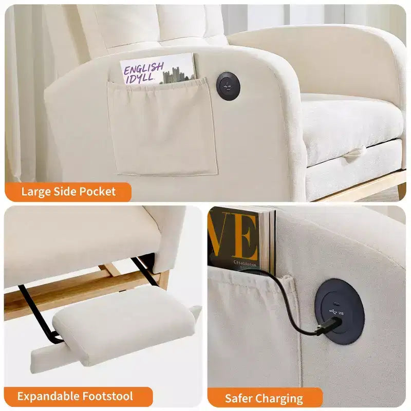 Modern Nursery Rocking Chair with USB Port, Footrest & Side Pocket - High Back Rocker Recliner Glider for Living Room, Bedroom & Nursing Room