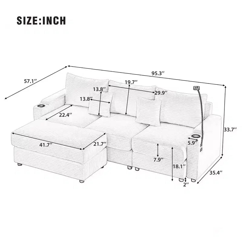 MAYEERTY 95.3 Modern 3 Seater Sectional Sofa with Storage Ottoman Two Ports Two Cup Holders for Living Room Gray