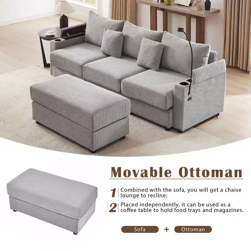 MAYEERTY 95.3 Modern 3 Seater Sectional Sofa with Storage Ottoman Two Ports Two Cup Holders for Living Room Gray
