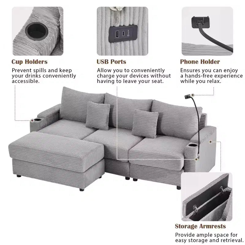 MAYEERTY 95.3 Modern 3 Seater Sectional Sofa with Storage Ottoman Two Ports Two Cup Holders for Living Room Gray