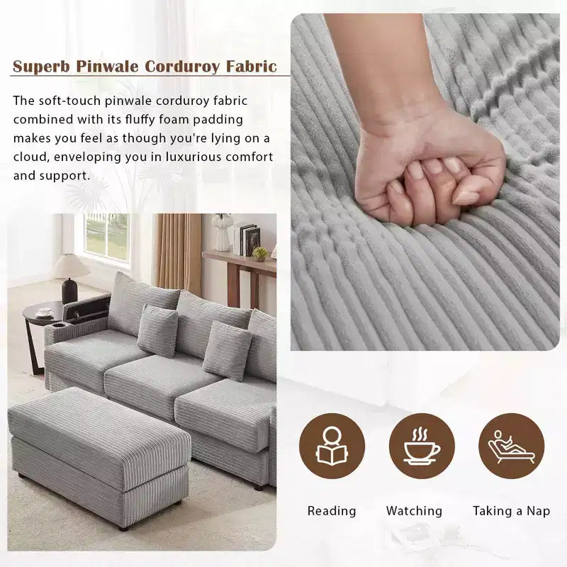 MAYEERTY 95.3 Modern 3 Seater Sectional Sofa with Storage Ottoman Two Ports Two Cup Holders for Living Room Gray