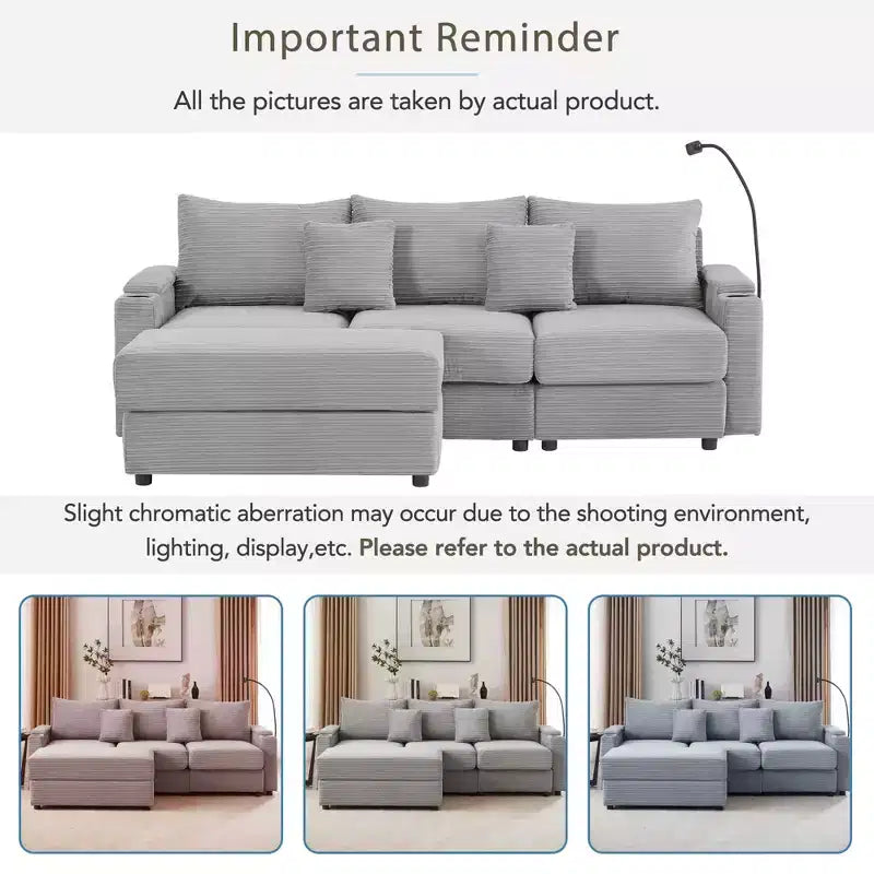 MAYEERTY 95.3 Modern 3 Seater Sectional Sofa with Storage Ottoman Two Ports Two Cup Holders for Living Room Gray