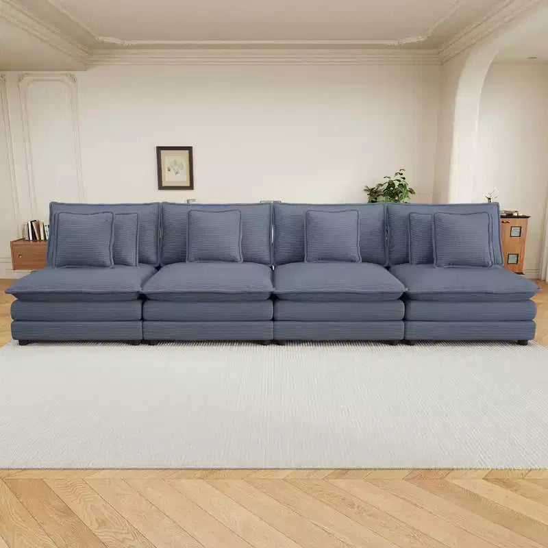 MAYEERTY 141.6 Modern Modular Sofa Upholsteres Corduroy with Four Pillows for Living Room Blue
