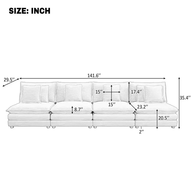 MAYEERTY 141.6 Modern Modular Sofa Upholsteres Corduroy with Four Pillows for Living Room Gray