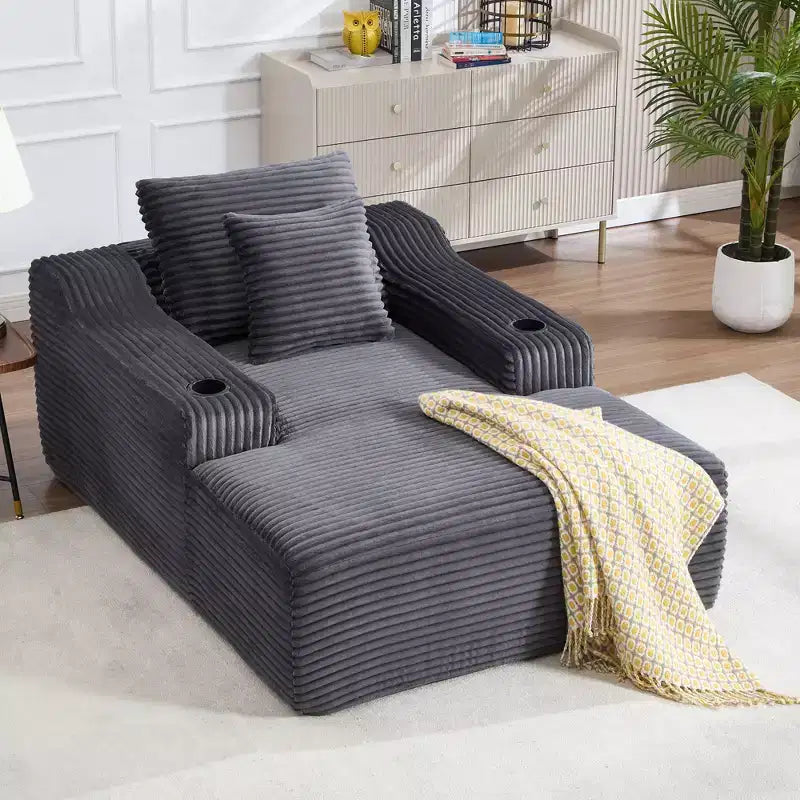 67 Corduroy Chaise Lounge, 9.9 Armrests, Deep Seat Recliner, Convertible Frameless Sofa Bed with 2 Pillows