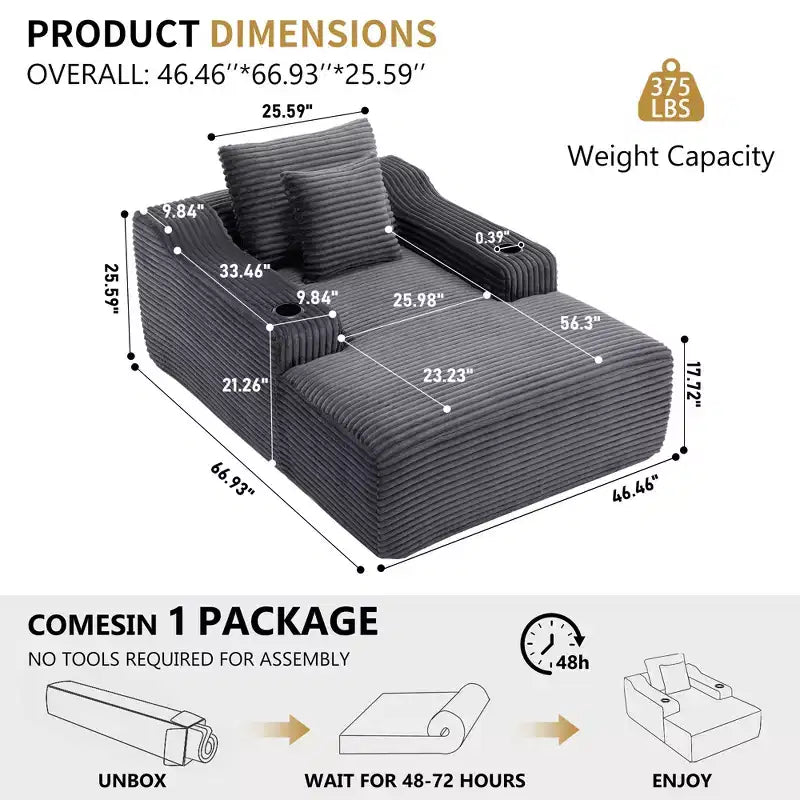 67 Corduroy Chaise Lounge, 9.9 Armrests, Deep Seat Recliner, Convertible Frameless Sofa Bed with 2 Pillows