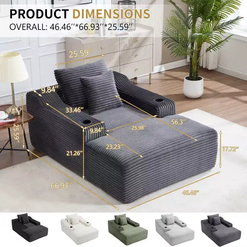 67 Corduroy Chaise Lounge, 9.9 Armrests, Deep Seat Recliner, Convertible Frameless Sofa Bed with 2 Pillows
