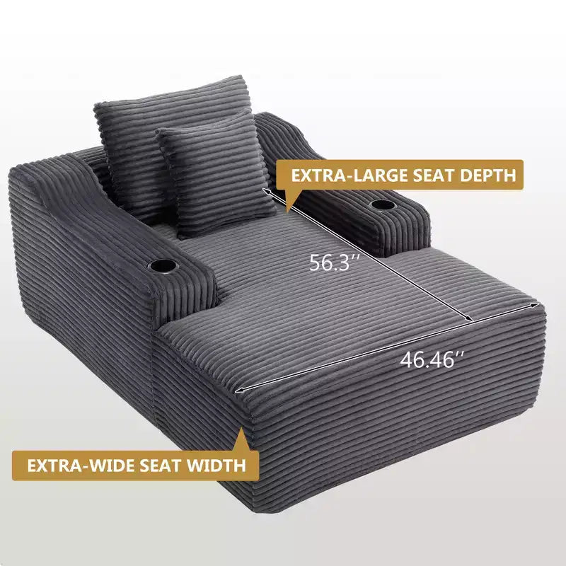 67 Corduroy Chaise Lounge, 9.9 Armrests, Deep Seat Recliner, Convertible Frameless Sofa Bed with 2 Pillows