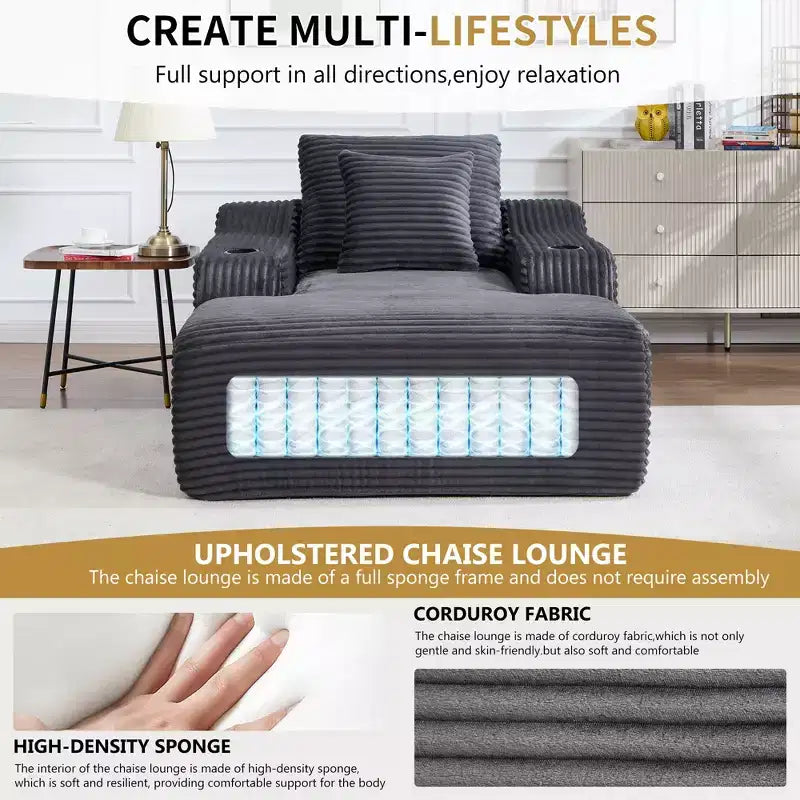 67 Corduroy Chaise Lounge, 9.9 Armrests, Deep Seat Recliner, Convertible Frameless Sofa Bed with 2 Pillows