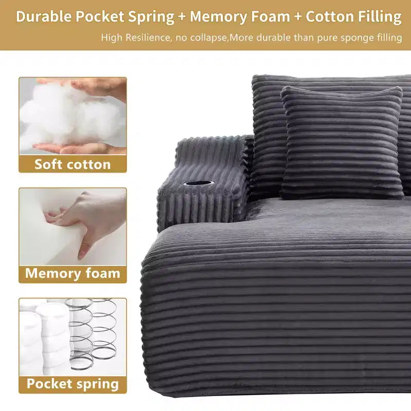 67 Corduroy Chaise Lounge, 9.9 Armrests, Deep Seat Recliner, Convertible Frameless Sofa Bed with 2 Pillows