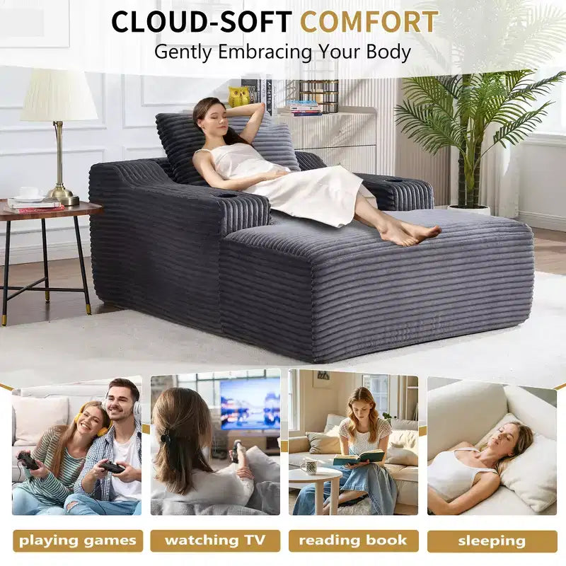 67 Corduroy Chaise Lounge, 9.9 Armrests, Deep Seat Recliner, Convertible Frameless Sofa Bed with 2 Pillows