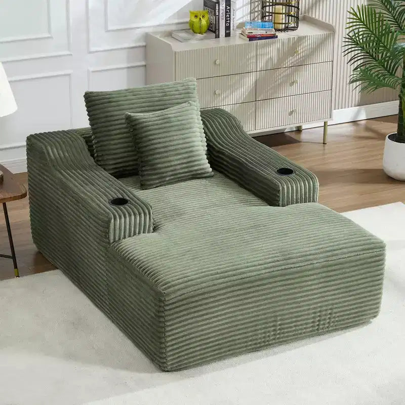 67 Corduroy Chaise Lounge, 9.9 Armrests, Deep Seat Recliner, Convertible Frameless Sofa Bed with 2 Pillows