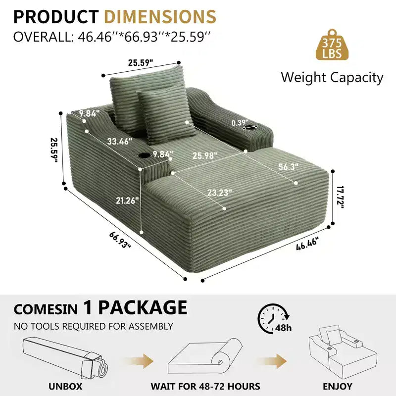 67 Corduroy Chaise Lounge, 9.9 Armrests, Deep Seat Recliner, Convertible Frameless Sofa Bed with 2 Pillows