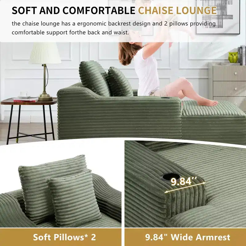 67 Corduroy Chaise Lounge, 9.9 Armrests, Deep Seat Recliner, Convertible Frameless Sofa Bed with 2 Pillows