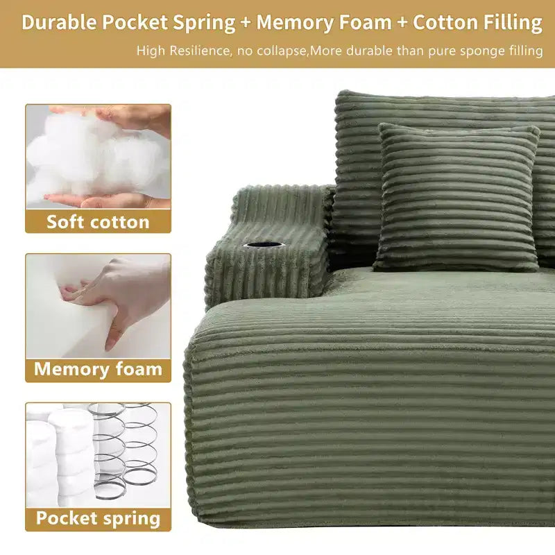 67 Corduroy Chaise Lounge, 9.9 Armrests, Deep Seat Recliner, Convertible Frameless Sofa Bed with 2 Pillows
