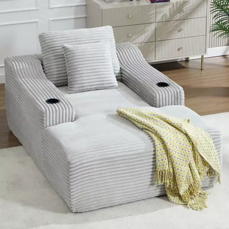 67 Corduroy Chaise Lounge, 9.9 Armrests, Deep Seat Recliner, Convertible Frameless Sofa Bed with 2 Pillows