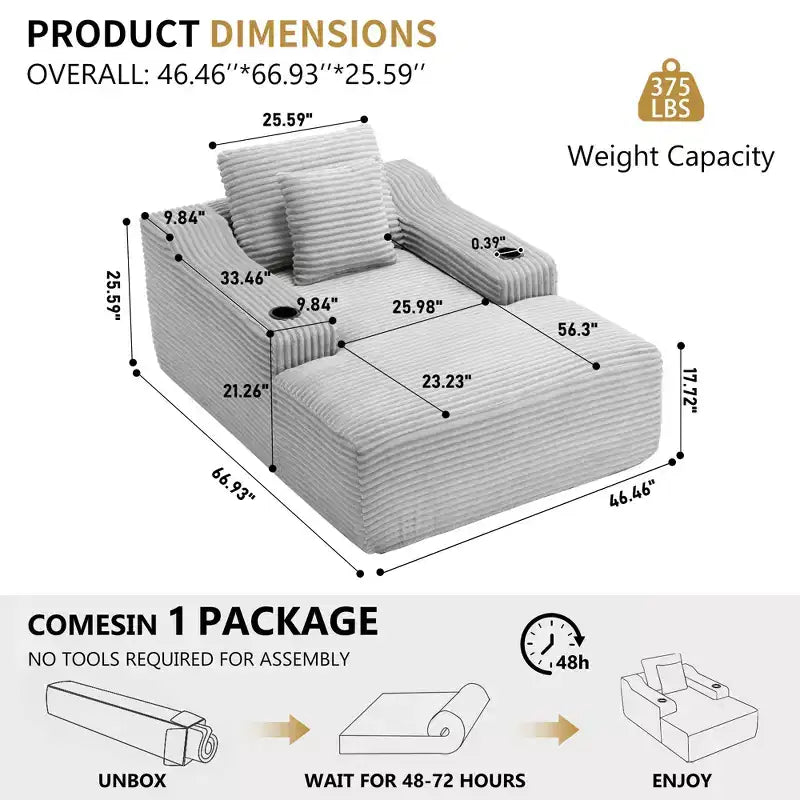 67 Corduroy Chaise Lounge, 9.9 Armrests, Deep Seat Recliner, Convertible Frameless Sofa Bed with 2 Pillows