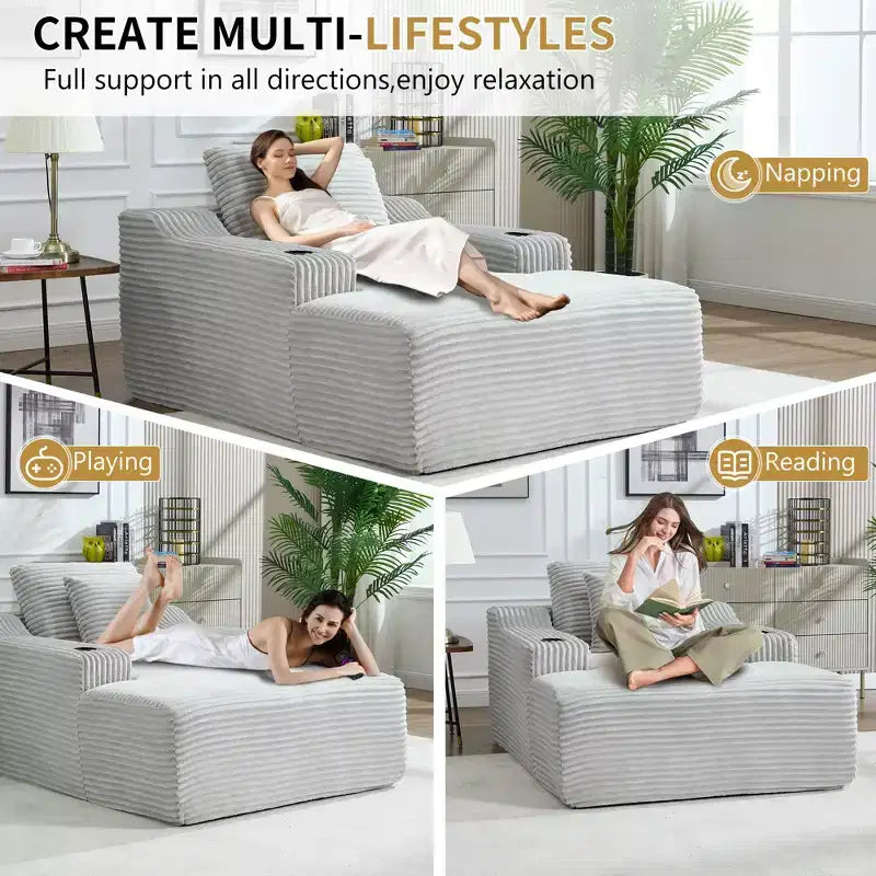67 Corduroy Chaise Lounge, 9.9 Armrests, Deep Seat Recliner, Convertible Frameless Sofa Bed with 2 Pillows