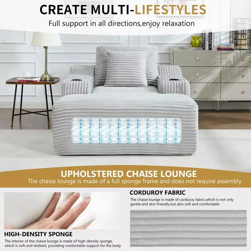 67 Corduroy Chaise Lounge, 9.9 Armrests, Deep Seat Recliner, Convertible Frameless Sofa Bed with 2 Pillows