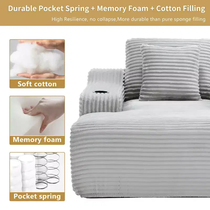 67 Corduroy Chaise Lounge, 9.9 Armrests, Deep Seat Recliner, Convertible Frameless Sofa Bed with 2 Pillows