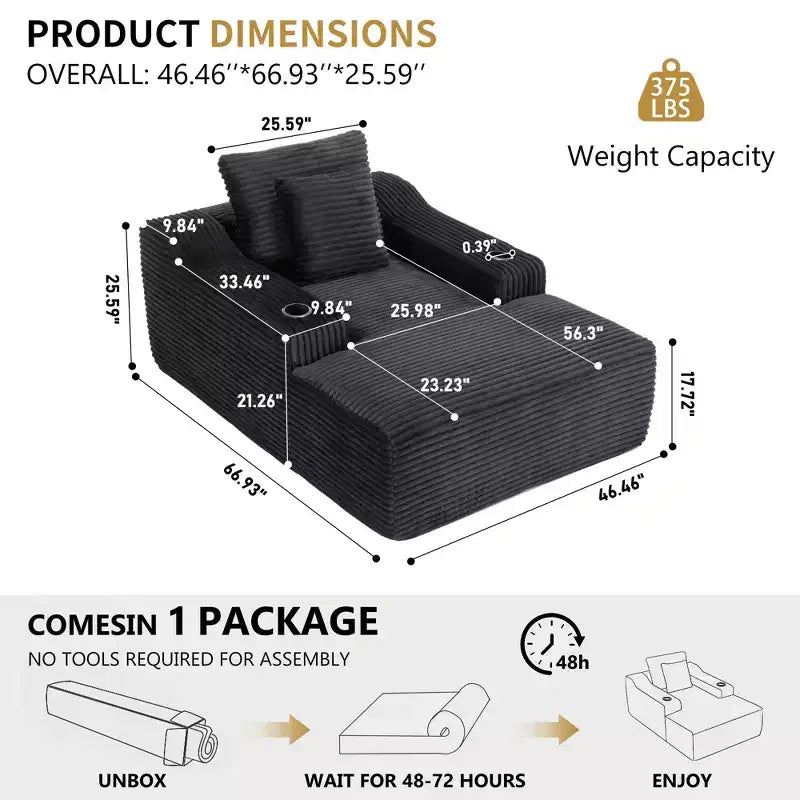 67 Corduroy Chaise Lounge, 9.9 Armrests, Deep Seat Recliner, Convertible Frameless Sofa Bed with 2 Pillows