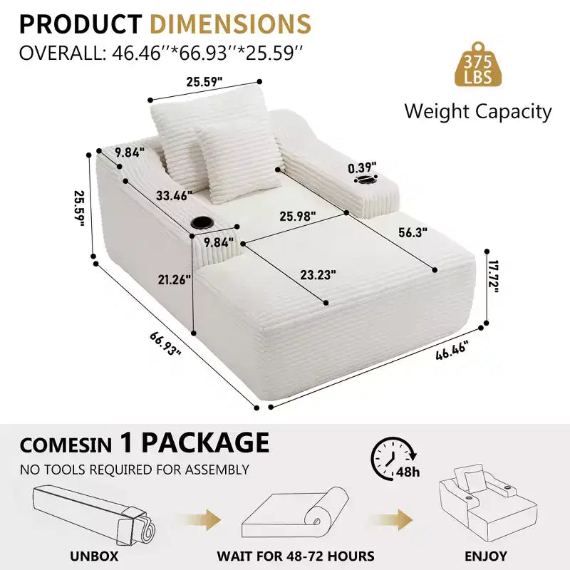 67 Corduroy Chaise Lounge, 9.9 Armrests, Deep Seat Recliner, Convertible Frameless Sofa Bed with 2 Pillows