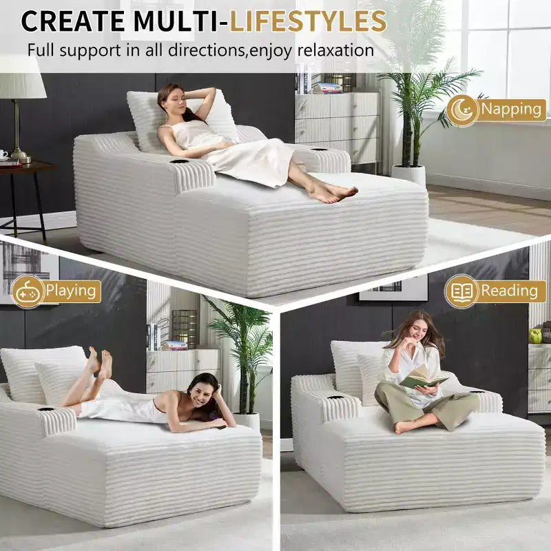 67 Corduroy Chaise Lounge, 9.9 Armrests, Deep Seat Recliner, Convertible Frameless Sofa Bed with 2 Pillows