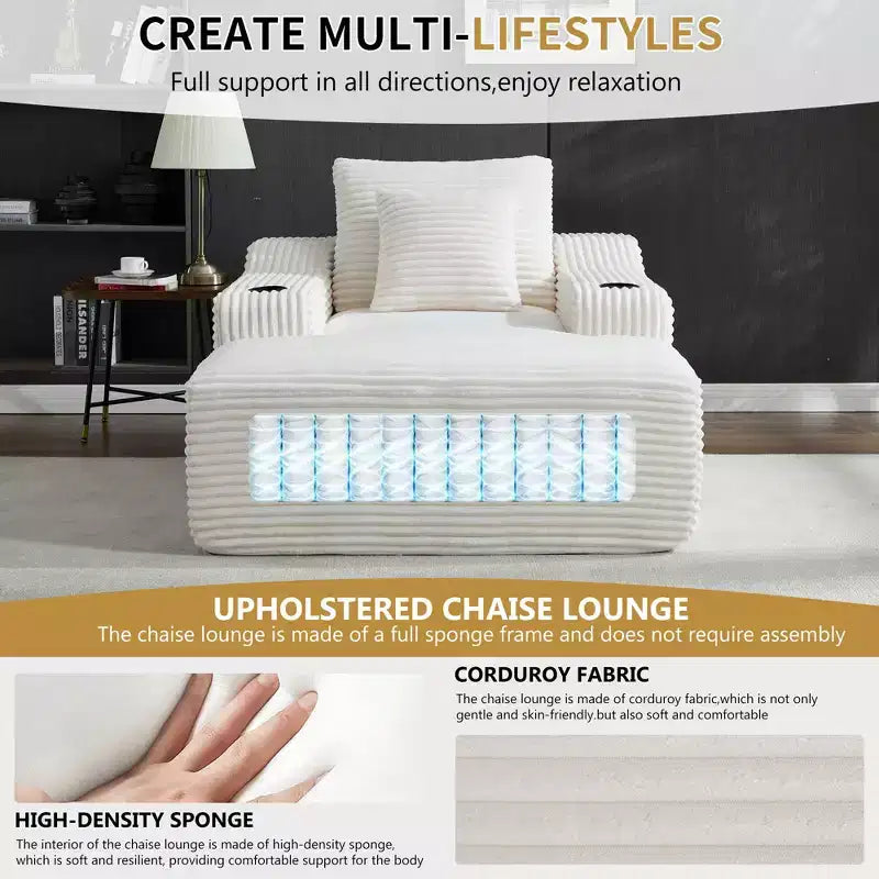 67 Corduroy Chaise Lounge, 9.9 Armrests, Deep Seat Recliner, Convertible Frameless Sofa Bed with 2 Pillows