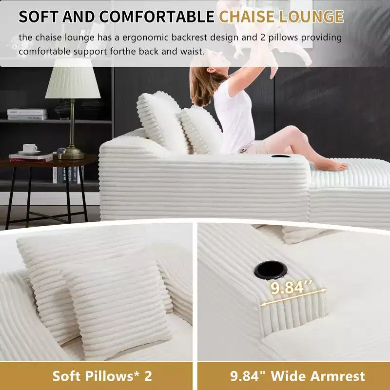 67 Corduroy Chaise Lounge, 9.9 Armrests, Deep Seat Recliner, Convertible Frameless Sofa Bed with 2 Pillows