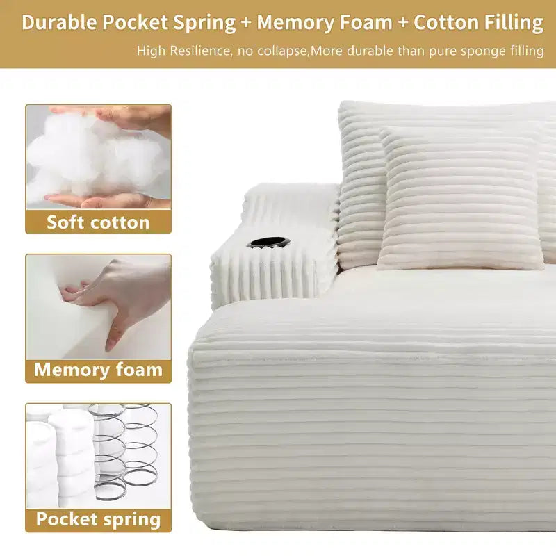 67 Corduroy Chaise Lounge, 9.9 Armrests, Deep Seat Recliner, Convertible Frameless Sofa Bed with 2 Pillows