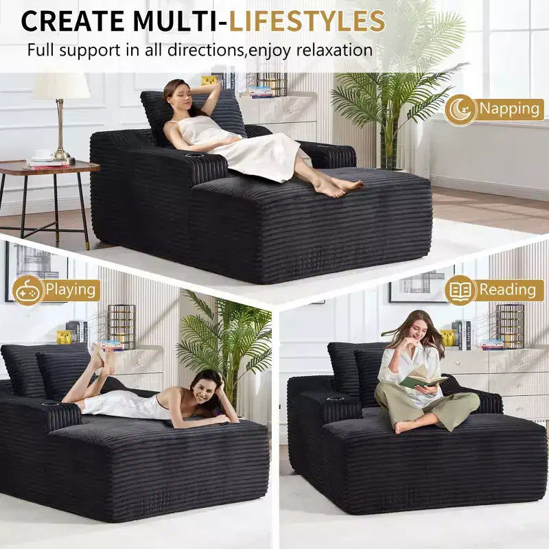 67 Corduroy Chaise Lounge, 9.9 Armrests, Deep Seat Recliner, Convertible Frameless Sofa Bed with 2 Pillows