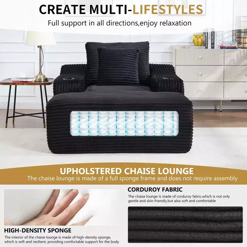 67 Corduroy Chaise Lounge, 9.9 Armrests, Deep Seat Recliner, Convertible Frameless Sofa Bed with 2 Pillows