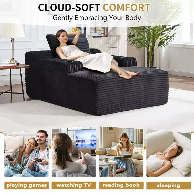 67 Corduroy Chaise Lounge, 9.9 Armrests, Deep Seat Recliner, Convertible Frameless Sofa Bed with 2 Pillows