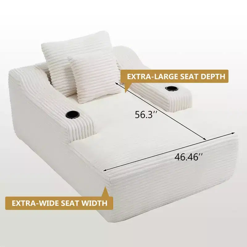 67 Corduroy Chaise Lounge, 9.9 Armrests, Deep Seat Recliner, Convertible Frameless Sofa Bed with 2 Pillows