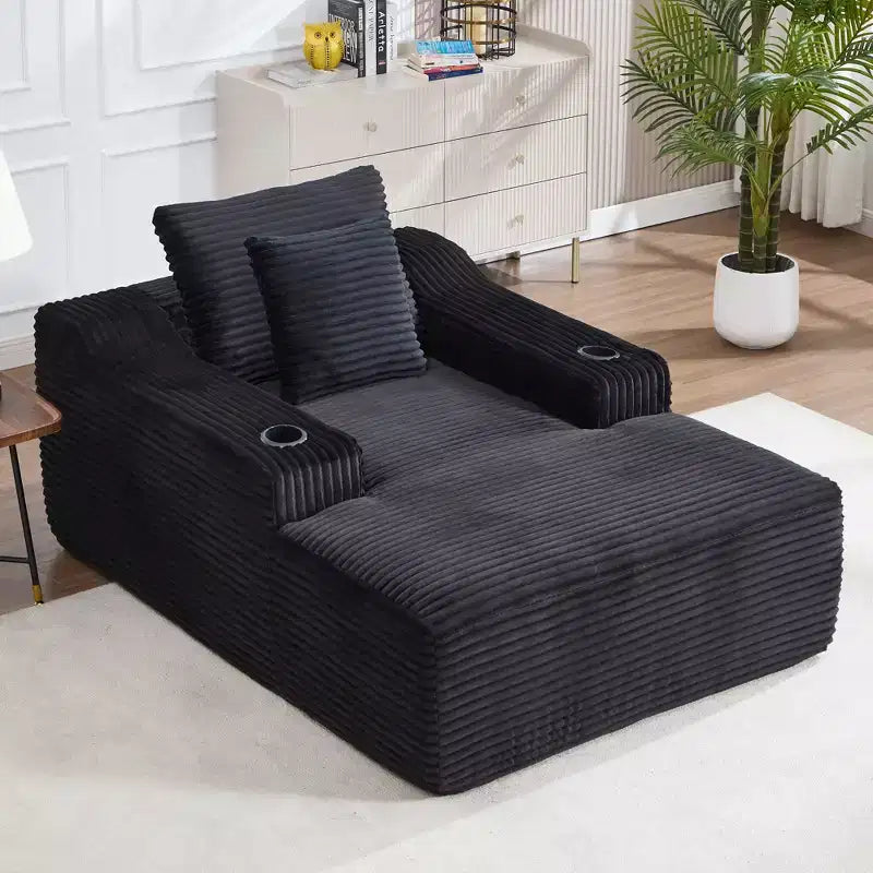 67 Corduroy Chaise Lounge, 9.9 Armrests, Deep Seat Recliner, Convertible Frameless Sofa Bed with 2 Pillows