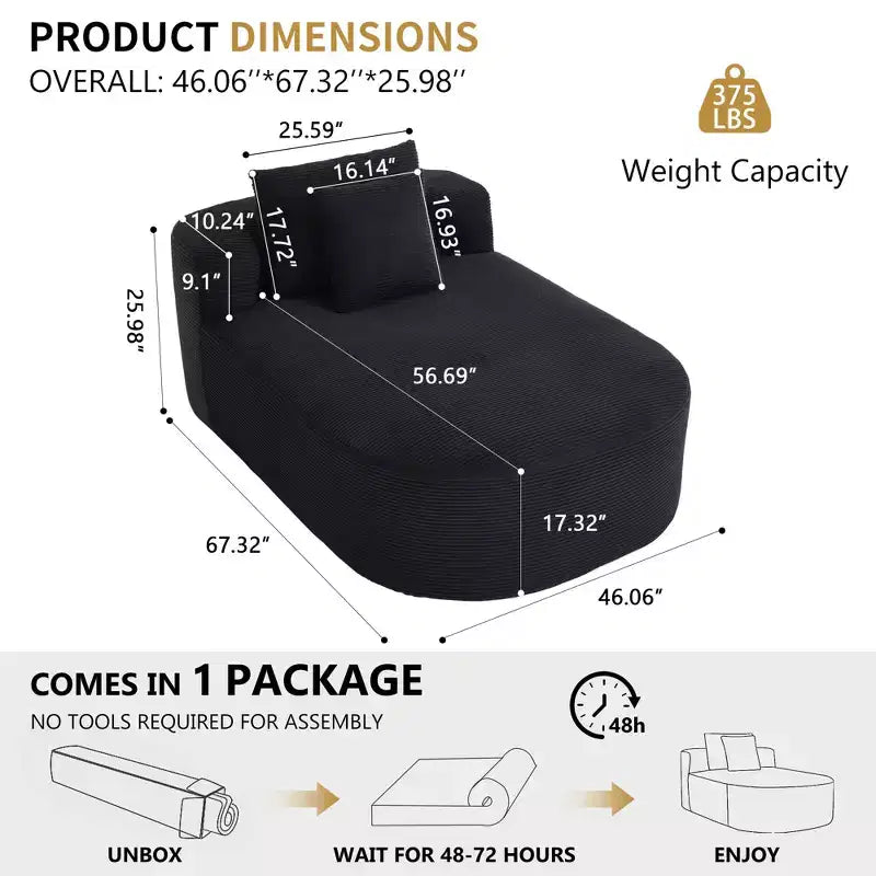 67.5 Corduroy Chaise Lounge Chair, Wide Seat, Deep Seating King Chair with 2 Pillows, Convertible Frameless Sofa Bed for Living Room